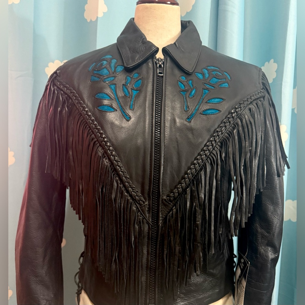 NWT 80s leather fringe rose moto jacket- S-M - Picture 2 of 6